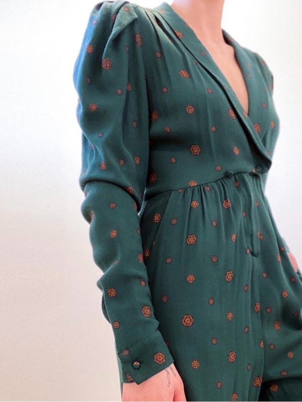 Free People Emerald Green Jumpsuit with Gold Dot Print